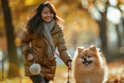 Obraz na płótnie Woman Walking Fluffy Pomeranian w salonie