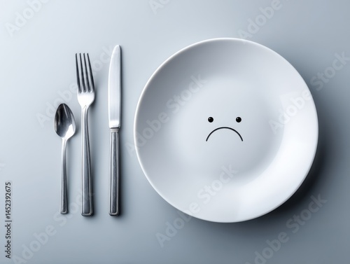 Sad Face on Plate with Fork, Knife, and Spoon Suggesting Disappointment or Lack of Appetite in Minimalist Style
