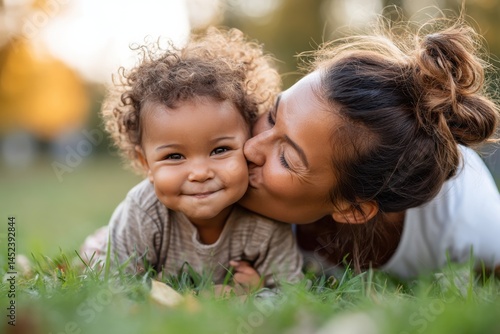 Loving Latin mom kissing her baby's cheek while lying together on green grass, showing familial affection and tender moments