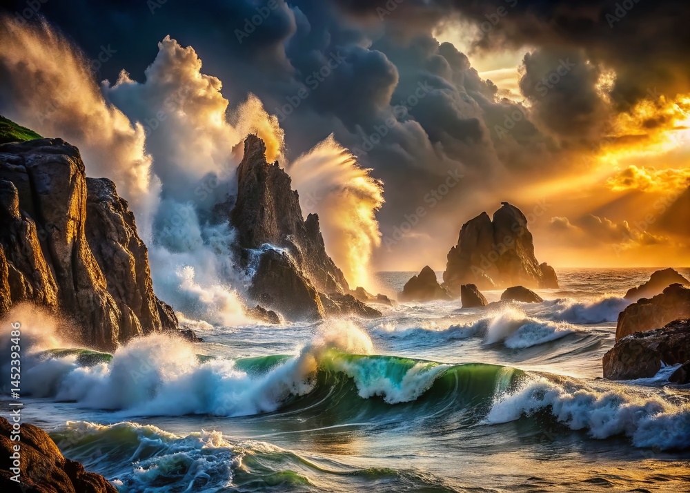 Fototapeta premium Surreal Ocean Waves Crashing on Rocky Coastline - Dramatic Seascape Photography