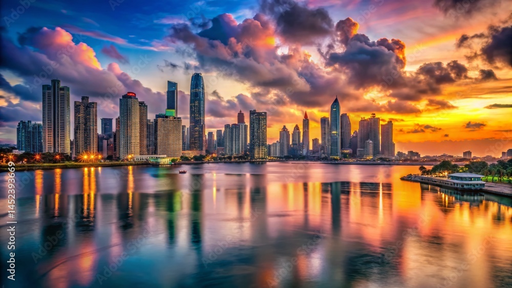 Fototapeta premium Surreal Panama City Skyline: Floating Buildings Over Bay of Panama