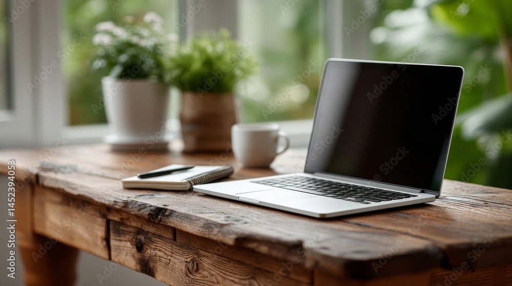 Cozy Workspace with Laptop and Green Plants on Rustic Wooden Table Cozy Workspace with Laptop and Green Plants on Rustic Wooden Table