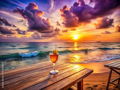 Surreal Sunset Beach Cocktail: Vibrant Ocean View, Wooden Table