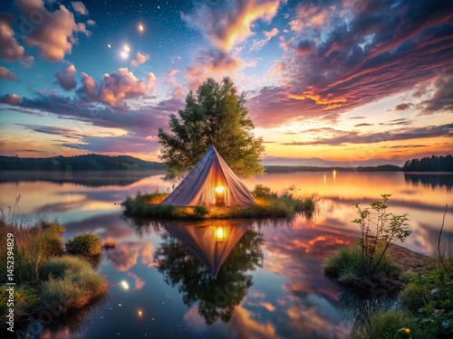 Surreal Sunset Lake Scene: Illuminated Tent, Dreamlike Landscape