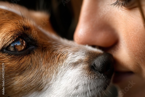Close-up of Dog's Snout Touching Person's Nose, Affectionate Moment, Detailed Fur Texture, Warm Lighting, Expressing Bond