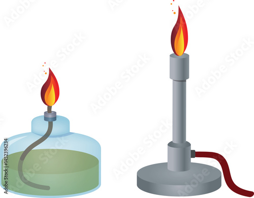 Chemical equipment.
Chemical alcohol burner. Alcohol (spirit) burner and flames Bunsen burner isolated on white background. vector illustration.

