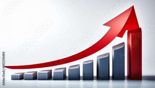 red arrow curving upwards with bar chart in background indicating growth and positive trend on a white backdrop showing progress
