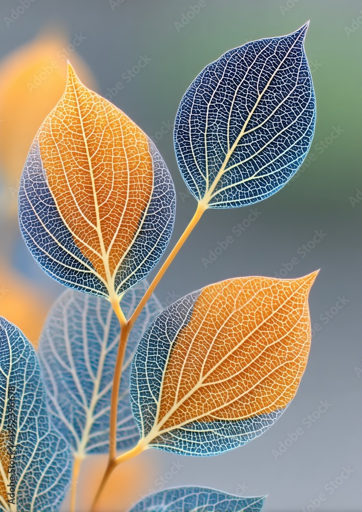 Delicate transparent leaves with intricate veins and vibrant colors against a soft background Delicate transparent leaves with intricate veins and vibrant colors against a soft background