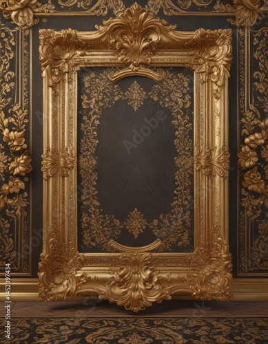 Intricate gold frames adorn rich damask fabric with floral motifs, elegant floor ,  home decor,  embroidery,  floor