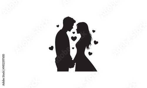 A Loving Couple in Silhouette Surrounded by Hearts