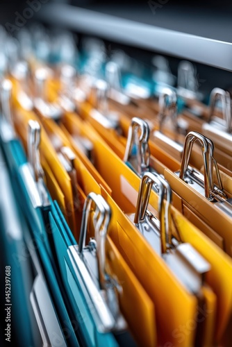 Filing cabinet displaying organized office folders in vivid blue and yellow, chrome handles and fasteners, document storage