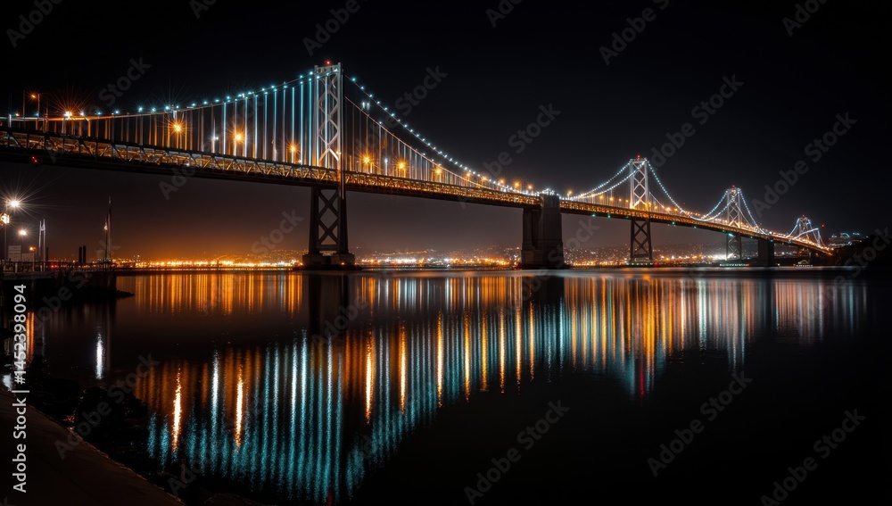 Obraz premium Night Lights Reflecting on Calm Water, Illuminating Suspension Bridge's Majestic Structure at Night, Captivating Cityscape View.