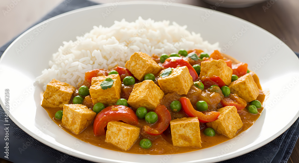 Delicious Tofu Curry Recipe with Rice: Indian Food Photography Delicious Tofu Curry Recipe with Rice: Indian Food Photography