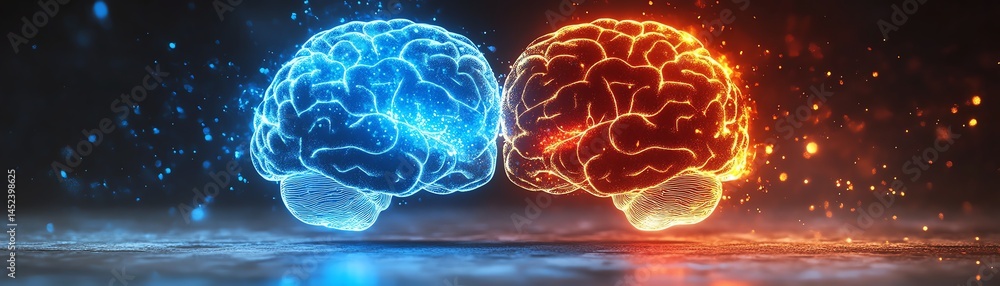 Surreal neon concept of consumer psychology, glowing brain halves debating opposite ideas, cognitive dissonance illustrated with light and shadow contrast, digital AI artwork