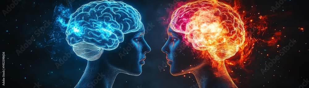 Two brains, one cold, one fire. Concept art of opposing minds.