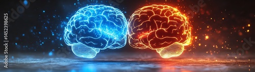 Obraz na płótnie Surreal neon concept of consumer psychology, glowing brain halves debating opposite ideas, cognitive dissonance illustrated with light and shadow contrast, digital AI artwork w salonie
