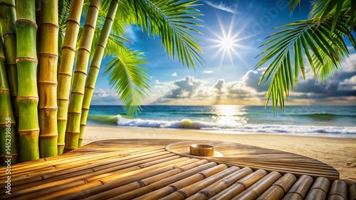 Tropical Beach Bamboo Podium: Relaxing Ocean View Stock Photo