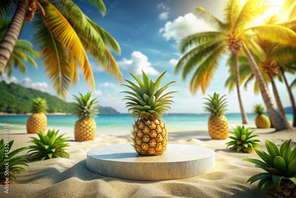 Tropical Summer Vacation Product Display: Empty Podium with Pineapples on White Sand Beach Tropical Summer Vacation Product Display: Empty Podium with Pineapples on White Sand Beach