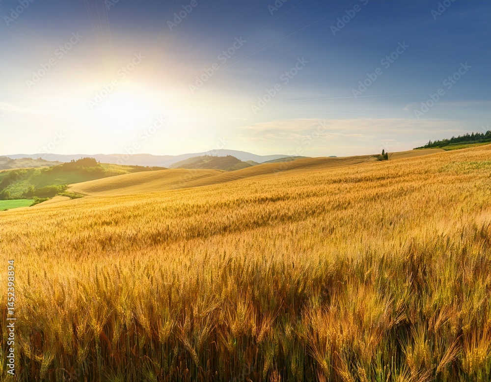 Obraz premium wheat field on a hilly terrain and bright sun