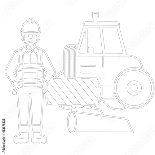Female Asphalt Paver Operator Engineer in Hard Hat at Industrial Highway Construction Site Roadwork, Safety, Machinery, and Team Collaboration Line Art