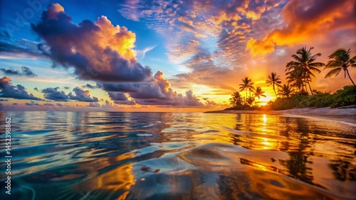 Tropical Sunset Beach Paradise: Closeup Sea Sand Sky Panorama