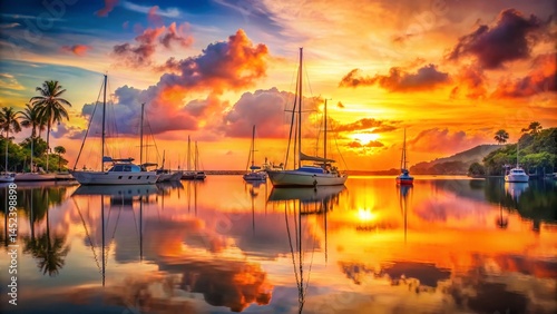 Tropical Sunset Yacht Bay: Double Exposure Photography Stock Photo