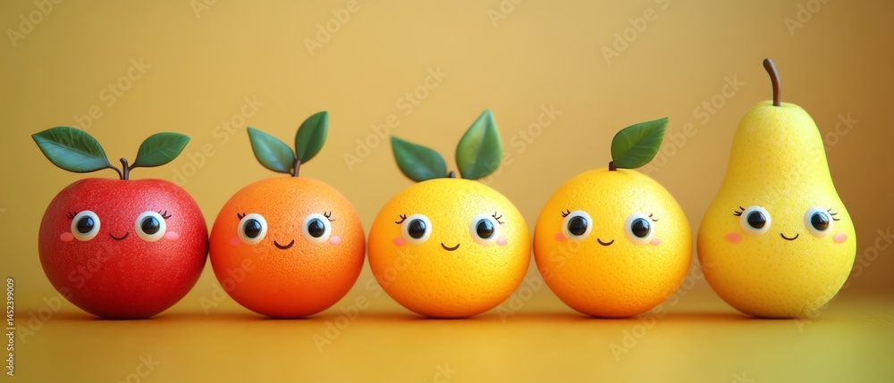 Cute cartoon fruits: apple, oranges, pear.