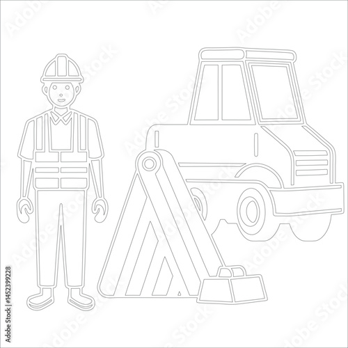 Female Asphalt Paver Operator Engineer in Hard Hat at Industrial Highway Construction Site Roadwork, Safety, Machinery, and Team Collaboration Line Art