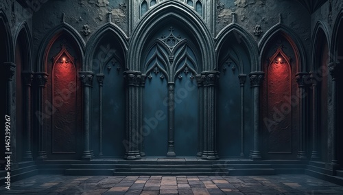 Gothic hall with tall arches and red accent lights, dark medieval interior with dramatic shadows, ideal for fantasy, horror, and cinematic background visuals