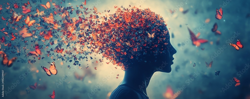Generative AI art of a human silhouette with a tree of blooming flowers and butterflies emerging from the mind