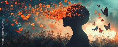 Obraz na płótnie Generative AI art of a human silhouette with a tree of blooming flowers and butterflies emerging from the mind w salonie