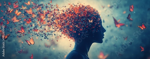 Obraz na płótnie Generative AI art of a human silhouette with a tree of blooming flowers and butterflies emerging from the mind w salonie