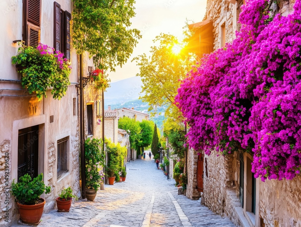 Fototapeta premium A charming cobblestone street lined with vibrant flowers and stone houses, bathed in warm sunlight.