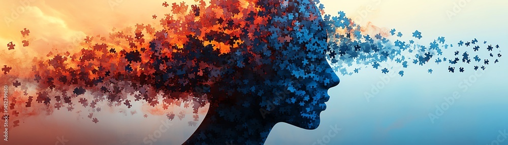 Head silhouette with disassembled puzzle pieces, symbolizing psychological analysis, inner balance, and selfcare mindfulness, generative AI abstract art, 4K resolution