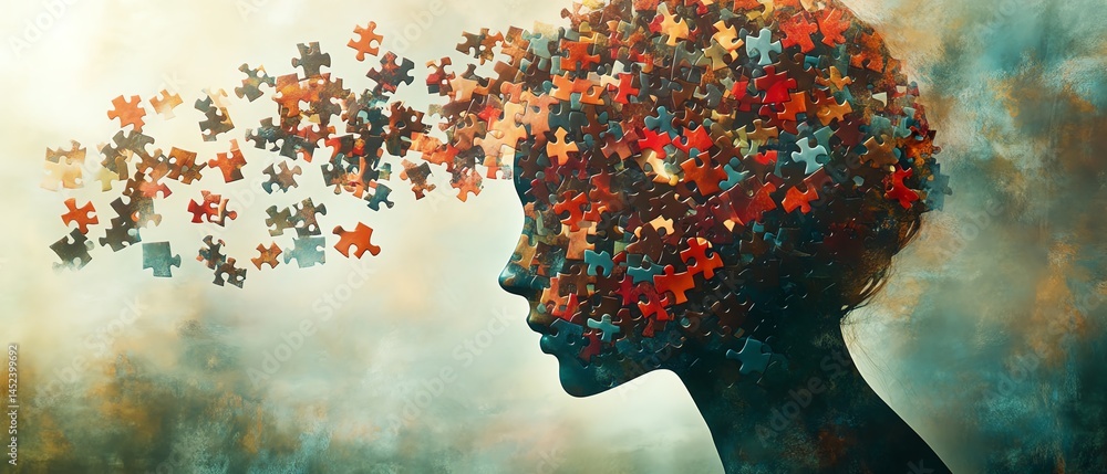 Abstract art of woman, puzzle pieces, mind, identity.