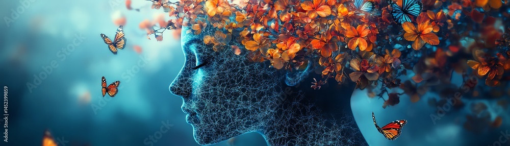 Abstract art: woman's head transforms into colorful butterflies.