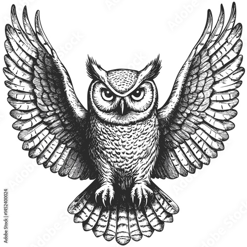 Owl with wings spread, vintage woodcut engraving style vector, black sketch, old print illustration, hand drawn wildlife art, nocturnal bird, antique animal drawing, forest creature,