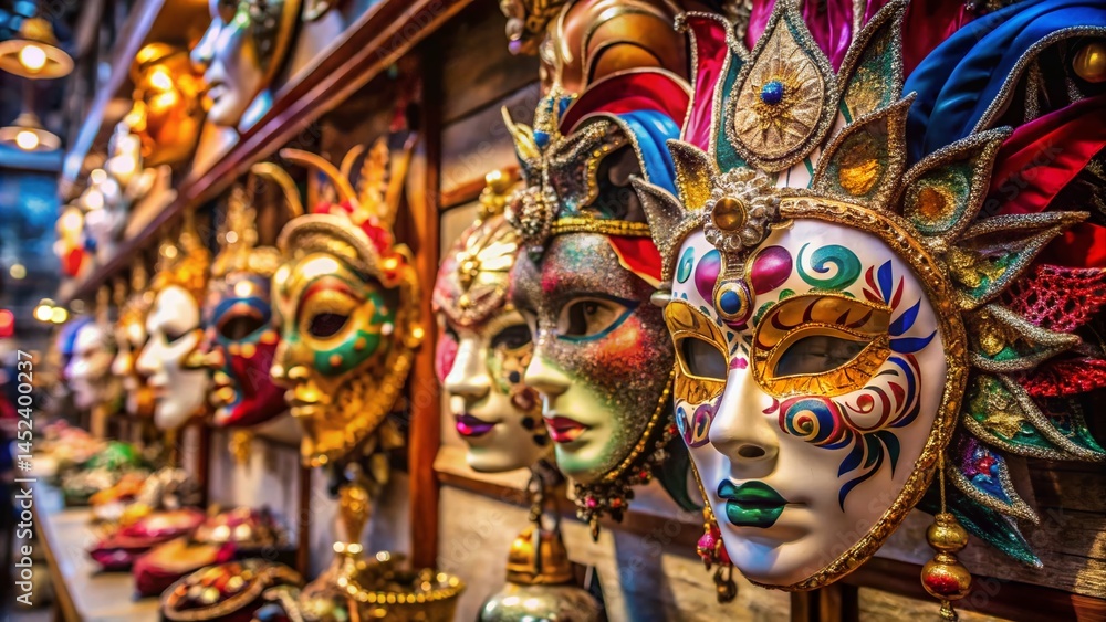 Fototapeta premium Venetian Mask Shop: Colorful Masks Close-Up, Italy Craftsmanship