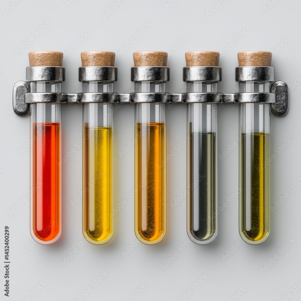 Colorful Test Tubes with Liquid Samples on a Grey Background Colorful Test Tubes with Liquid Samples on a Grey Background