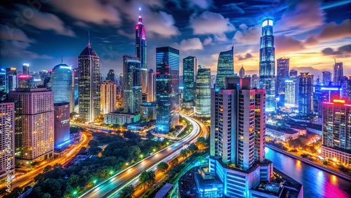 Vibrant City Nightscape: Modern City Skyline Illuminated with Colorful Neon Lights