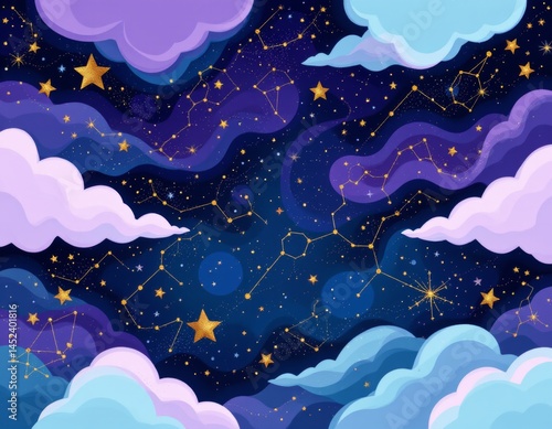 Celestial Sky with Constellations and Clouds