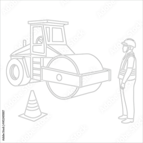 Female Asphalt Paver Operator Engineer in Hard Hat at Industrial Highway Construction Site Roadwork, Safety, Machinery, and Team Collaboration Line Art
