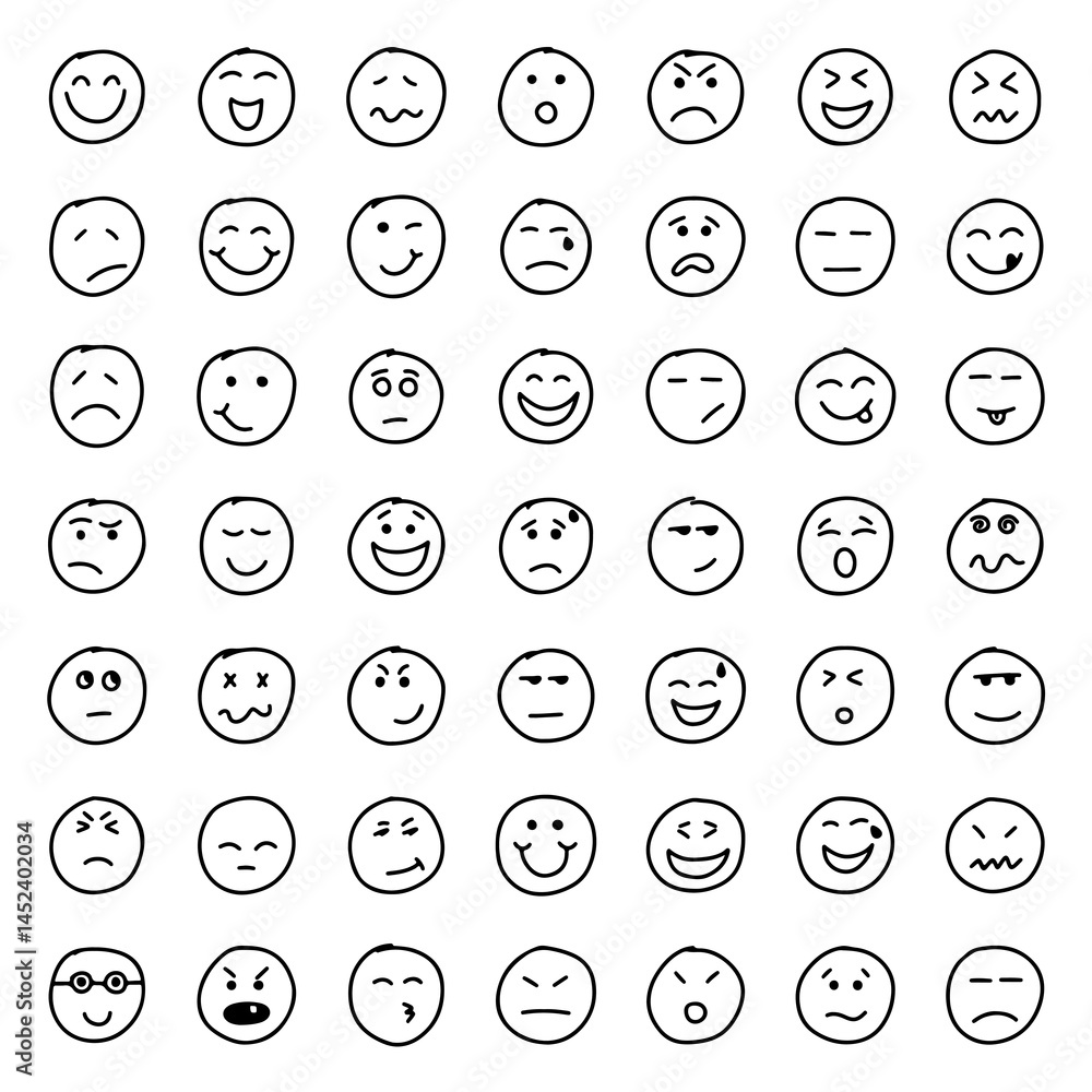 Face Emotions. set of emoji in round shapes. Doodle Emoji face icon set. Emoji faces icon in hand drawn style. Face Emotions. set of emoji in round shapes. Doodle Emoji face icon set. Emoji faces icon in hand drawn style.