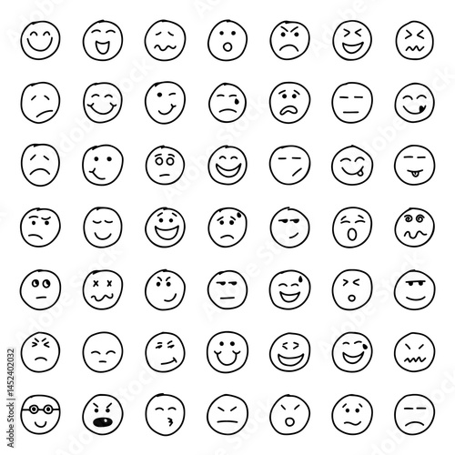 Face Emotions. set of emoji in round shapes. Doodle Emoji face icon set. Emoji faces icon in hand drawn style.