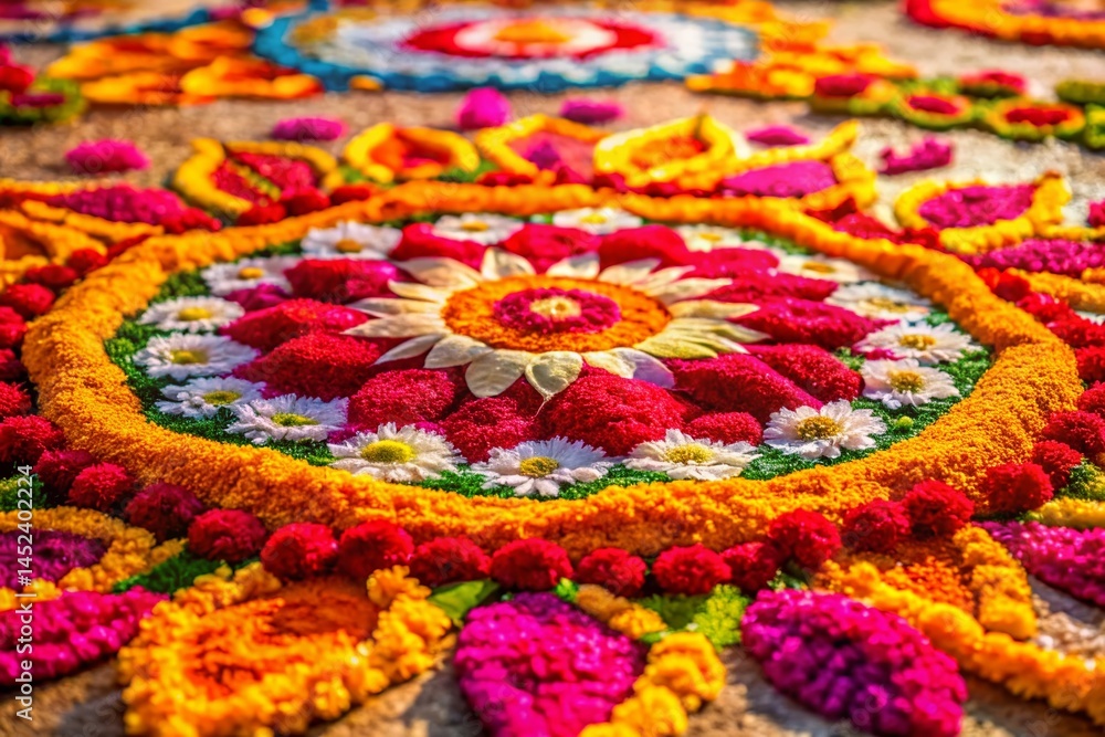 Obraz premium Vibrant Floral Rangoli: Traditional Indian Flower Petal Art Design