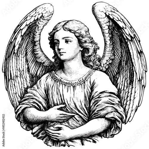 Vintage woodcut, angel wing, engraving style, hand drawn sketch, old monochrome art, antique line art, religious tattoo inspiration, baroque graphic, mythological symbol