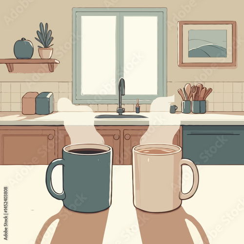 Two steaming coffee mugs in cozy kitchen interior