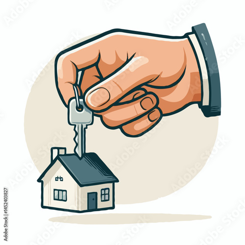 Hand holding house key with small home illustration