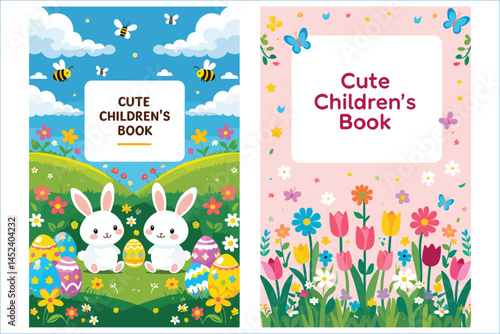 Cute Childrens Book Illustration With Bunnies And Easter Eggs For Spring Season