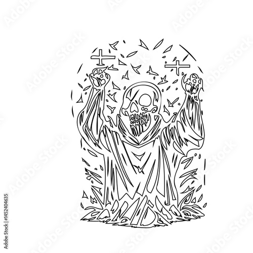 Monochrome skeletal figure with raised hands surrounded by abstract particles